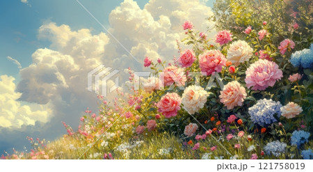Peonies in vibrant garden. Sunlight bathes lush blooms in warm light, casting dappled shadows on vibrant petals. Garden paradise. 121758019