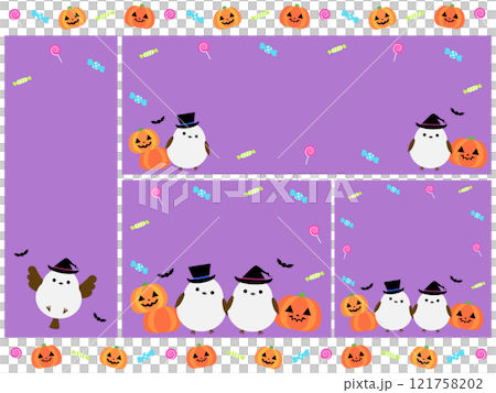 Set of 4 cute long-tailed tits and Halloween backgrounds 121758202