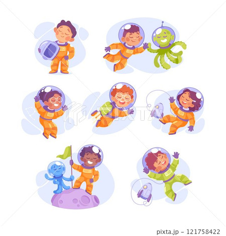 Kids Astronaut Character in Outer Space Exploring Universe Vector Set Kids Astronaut Character in Outer Space Exploring Universe Vector Set 121758422