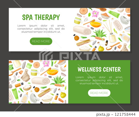 Spa Body Treatment Banner Design with Oil and Aromatherapy Vector Template 121758444