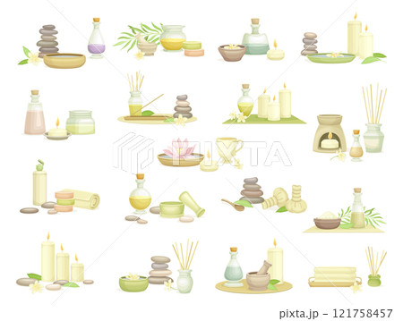 Spa Body Treatment with Oil and Aromatherapy Vector Set Spa Body Treatment with Oil and Aromatherapy Vector Set 121758457