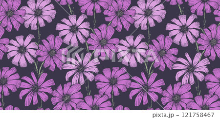 Bright purple and lilac seamless pattern with delicate engraved chamomile flowers. Vintage hand drawn print of beautiful violet daisy flower for textile, wrapping paper, surface, background 121758467