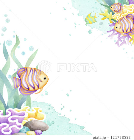 Seabed with fishes, seaweed, corals, pebbles, stones, bubbles watercolor isolated square frame with copy space in cartoon style. Hand drawn ocean bottom in yellow, lilac and green colors for designs. Seabed with fishes, seaweed, corals, pebbles, stones, bubbles watercolor isolated square frame with copy space in cartoon style. Hand drawn ocean bottom in yellow, lilac and green colors for designs. 121758552