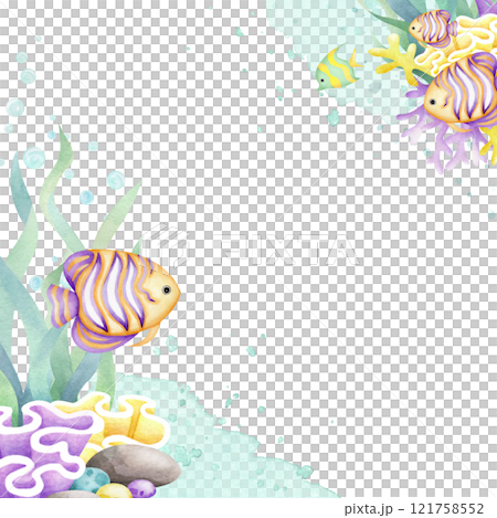 Seabed with fishes, seaweed, corals, pebbles, stones, bubbles watercolor isolated square frame with copy space in cartoon style. Hand drawn ocean bottom in yellow, lilac and green colors for designs. Seabed with fishes, seaweed, corals, pebbles, stones, bubbles watercolor isolated square frame with copy space in cartoon style. Hand drawn ocean bottom in yellow, lilac and green colors for designs. 121758552