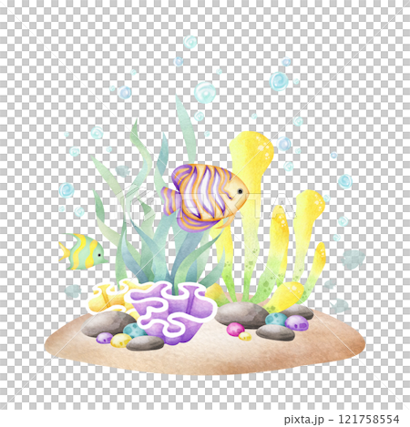 Seabed with fish, seaweed, coral, pebbles, stones, bubbles watercolor isolated illustration in cartoon style. Hand drawn ocean bottom in yellow, lilac and green colors for nautical and marine designs. 121758554