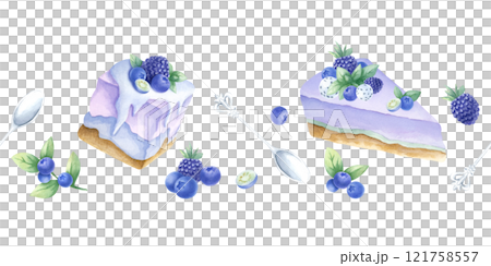 Cakes with blueberry, blackberry and mint, wild berries and silver spoons watercolor isolated seamless border. Hand draw horizontal banner of desserts in purple and green color for pastry shop design. 121758557