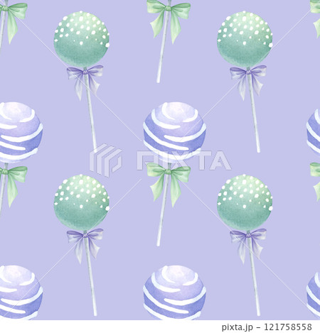 Cake pops bow-tied purple and mint colors watercolor seamless pattern on lilac. Hand drawn blueberry and mint candy. Lollipop for confectionery, kitchen textile, food packaging, fabric and cookbook. 121758558