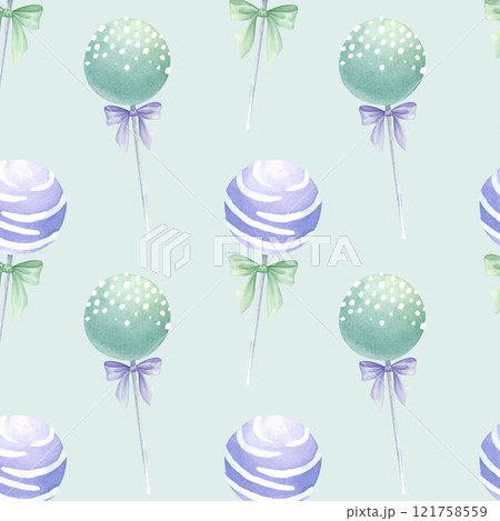 Cake pops bow-tied purple and mint colors watercolor seamless pattern on light green. Hand drawn blueberry and mint candy. Lollipop for confectionery, kitchen textile, food packaging and cookbook. Cake pops bow-tied purple and mint colors watercolor seamless pattern on light green. Hand drawn blueberry and mint candy. Lollipop for confectionery, kitchen textile, food packaging and cookbook. 121758559