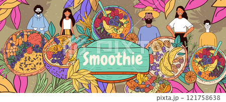 Smoothie bowls vibrant fruits diverse people colorful. Illustrated smoothie bowls with fruits and diverse characters surrounded by tropical leaves and patterns. Banner design Smoothie bowls vibrant fruits diverse people colorful. Illustrated smoothie bowls with fruits and diverse characters surrounded by tropical leaves and patterns. Banner design 121758638
