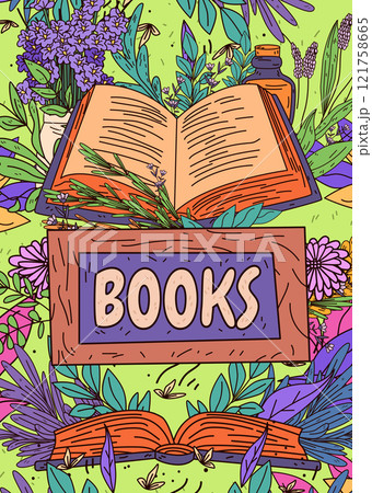 Open book surrounded by flowers and plants colorful nature theme vibrant greenery and purple blooms with an artistic style suitable for posters or banners 121758665