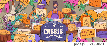 Cheese variety display with smiling vendor surrounded by colorful cheese wheels herbs and decorative elements. Vibrant market scene with rustic charm Cheese variety display with smiling vendor surrounded by colorful cheese wheels herbs and decorative elements. Vibrant market scene with rustic charm 121758681