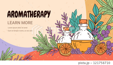 Aromatherapy essential oils bottles herbs citrus vibrant plants colorful background wellness design banner Aromatherapy essential oils bottles herbs citrus vibrant plants colorful background wellness design banner 121758710