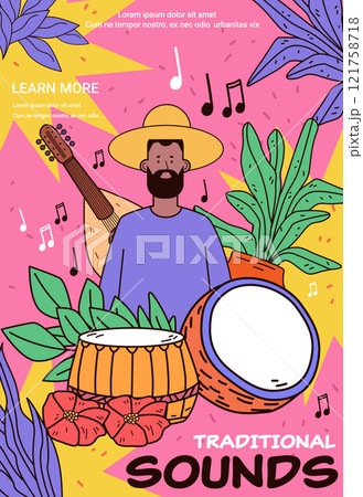 Musician with traditional instruments vibrant scene colorful plants musical notes tropical elements abstract background Musician with traditional instruments vibrant scene colorful plants musical notes tropical elements abstract background 121758718
