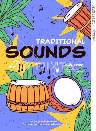 Traditional music drums vibrant colorful design. Hand-drawn percussion instruments with leaves and musical notes on a dynamic blue and yellow background. Poster template Traditional music drums vibrant colorful design. Hand-drawn percussion instruments with leaves and musical notes on a dynamic blue and yellow background. Poster template 121758724