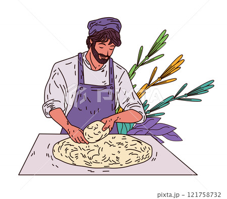 Baker kneading dough colorful floral background chef in apron and hat preparing bread on table vibrant leaves design concept Baker kneading dough colorful floral background chef in apron and hat preparing bread on table vibrant leaves design concept 121758732