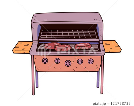 Barbecue grill with steaks cooking outdoor food illustration. Detailed graphic of grill with meat wooden side shelves and control knobs Barbecue grill with steaks cooking outdoor food illustration. Detailed graphic of grill with meat wooden side shelves and control knobs 121758735