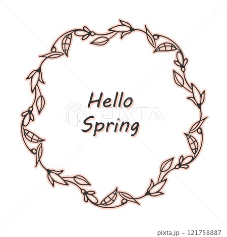 Floral symbol frame. Spring, summer wreath border. One black line. Cute doodle hand drawn sketch cartoon style illustration. Branch leaves flower drawing. White background. Vector for web design card Floral symbol frame. Spring, summer wreath border. One black line. Cute doodle hand drawn sketch cartoon style illustration. Branch leaves flower drawing. White background. Vector for web design card 121758887