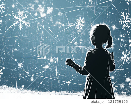 Silhouette of a child gazing at a frosty window with intricate snowflakes 121759196