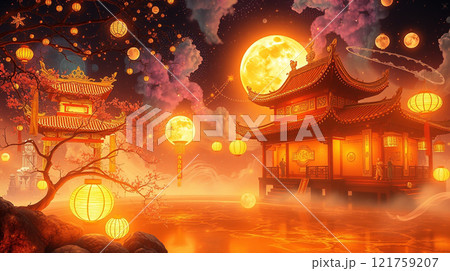 Chinese Temples Under Full Moon with Lanterns 121759207
