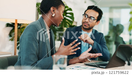 Office, collaboration and team advice for laptop, proposal and research notes with document for report. Man, woman and feedback for small business, training and meeting for partnership or b2b project 121759622