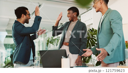 Office, high five and report feedback for laptop, proposal and research notes with celebration for team. Man, woman and smile for small business, collaboration and meeting for training or b2b project 121759623