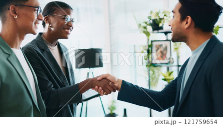 Business, teamwork and handshake with welcome in office for b2b upsell opportunity or contract agreement. Internal collaboration, happy account manager or shaking hands for client partnership at work Business, teamwork and handshake with welcome in office for b2b upsell opportunity or contract agreement. Internal collaboration, happy account manager or shaking hands for client partnership at work 121759654