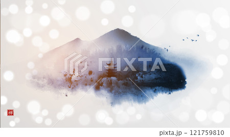 Blue ink wash painting with misty forest mountains and pagoda temple. Translation of hieroglyph - zen 121759810