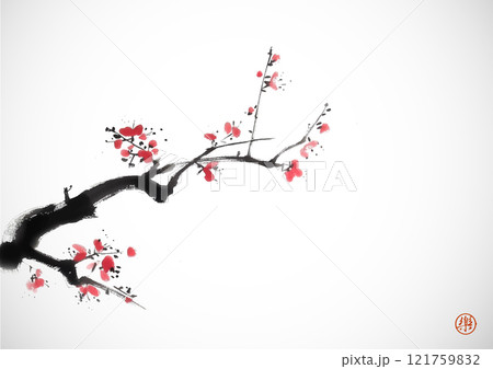 Ink painting of a cherry blossom branch with delicate flowers. Traditional oriental ink painting sumi-e, u-sin, go-hua. Hieroglyph - joy Ink painting of a cherry blossom branch with delicate flowers. Traditional oriental ink painting sumi-e, u-sin, go-hua. Hieroglyph - joy 121759832