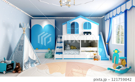 Charming Blue-Themed Boys' Bedroom Interior with Cozy Decor and Playful Details, 3D Rendering 121759842