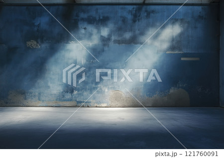 Empty industrial space with weathered blue walls and dramatic lighting, AI Generative 121760091