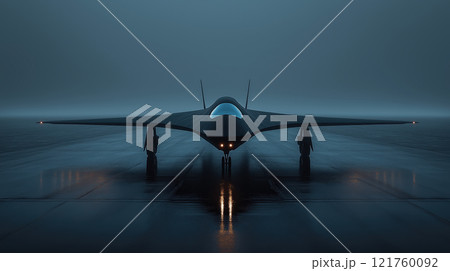 Sleek modern aircraft on wet runway at night in mysterious foggy atmosphere, AI Generative 121760092
