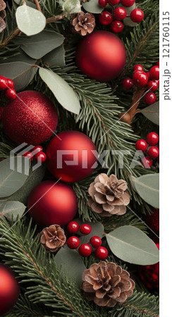 Festive holiday background with red baubles, pine branches, and berries, AI Generative 121760115