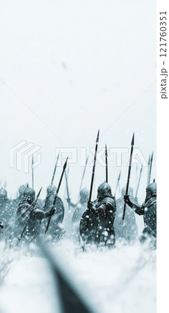 Medieval warriors marching in a snowy battlefield with spears and shields, AI Generative 121760351