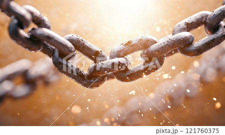 Closeup of strong metal chain links with sparks and glowing light, AI Generative 121760375