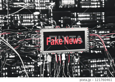 Digital misinformation concept with fake news on a screen surrounded by wires in a server room, AI Generative 121760461
