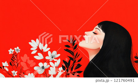 Elegant portrait of a woman with floral elements on a vivid red background, AI Generative Elegant portrait of a woman with floral elements on a vivid red background, AI Generative 121760491