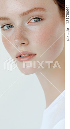 Close up portrait of a woman with natural makeup and freckles, AI Generative 121760664