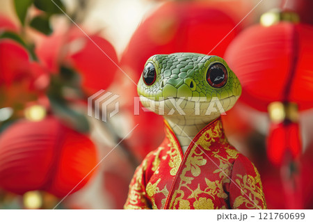 Traditional gecko in red attire with festive lanterns backdrop, AI Generative 121760699
