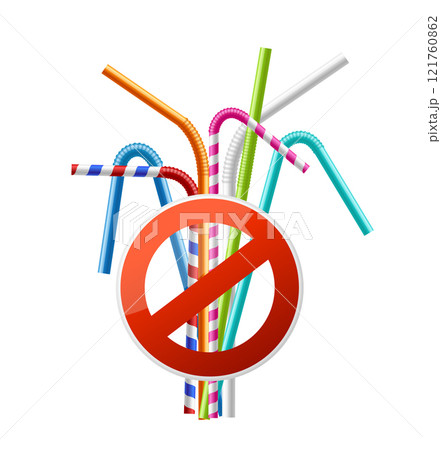 No Plastic Sign with Realistic Detailed 3d Straw for Drink. Vector 121760862