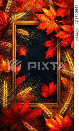 Autumn-themed banner with wooden frame in center, surrounded by vibrant red maple leaves, golden wheat stalks, autumn foliage on dark background. For seasonal sales, promotions, fall-themed designs 121760947