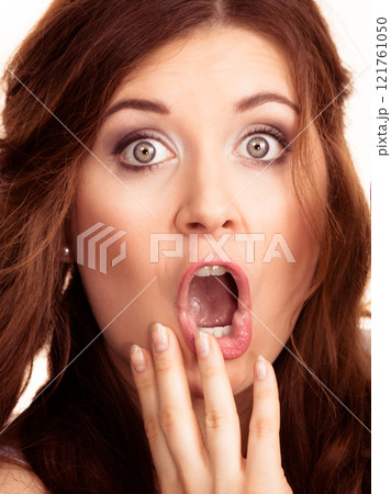 Shocked amazed woman gesturing with hands 121761050