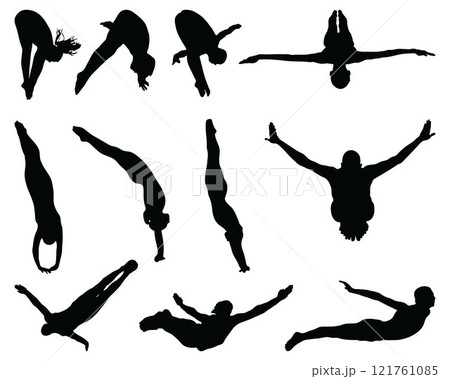 Black silhouettes of jumping people into the water, on a white background	 121761085