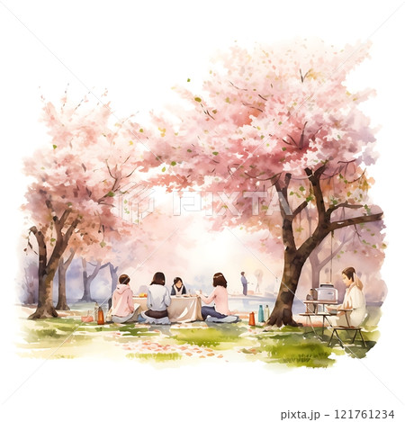 Couple enjoying hanami picnic under cherry blossoms by the lake Couple enjoying hanami picnic under cherry blossoms by the lake 121761234