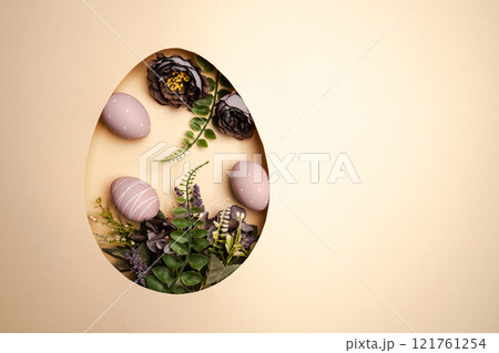 Top view pastel beige background with Easter decor Top view pastel beige background with Easter decor 121761254
