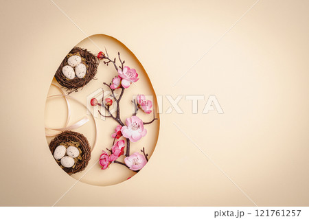 Top view pastel beige background with Easter decor Top view pastel beige background with Easter decor 121761257