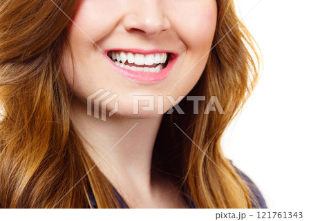 Smiling woman with long healthy brown hair Smiling woman with long healthy brown hair 121761343