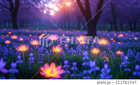 Glowing flowers blooming in magical forest at sunset 121761547