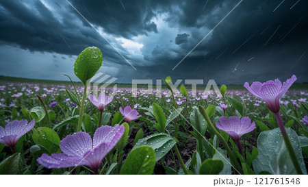 Heavy rain falling on purple flowers field during storm 121761548