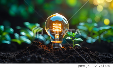 Light bulb growing from ground with seedlings symbolizing green energy 121761580