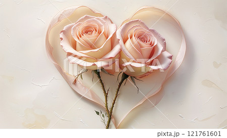 Two pink roses forming a heart shape with ribbon on textured background 121761601